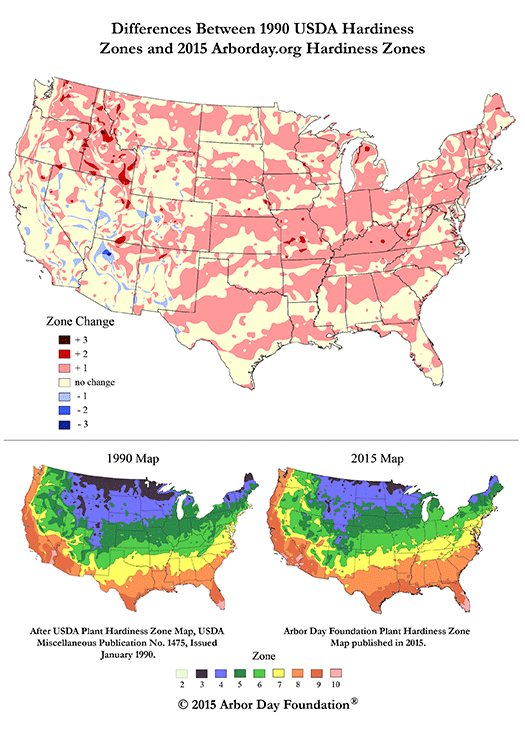 Differences between 1990 USDA hardiness zones and 2015 arborday.org hardiness zones