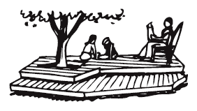 adult and two children sit on an outdoor, wooden patio with a growing tree