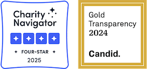 Charity Navigator 2025 and Gold Transparency 2024 badges.