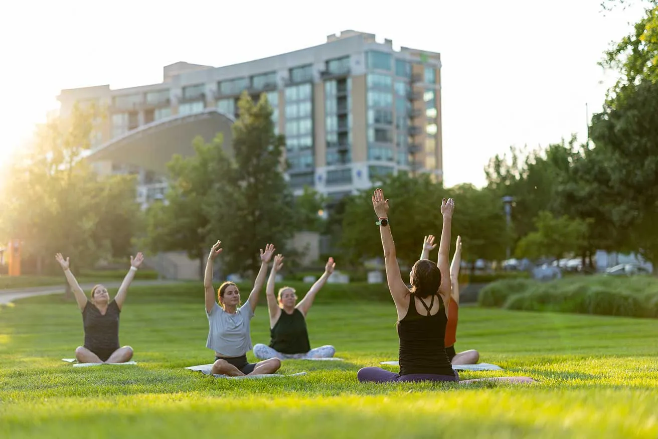 A group of people practicing yoga in a sunny park, surrounded by trees and green grass, promoting wellness and relaxation.