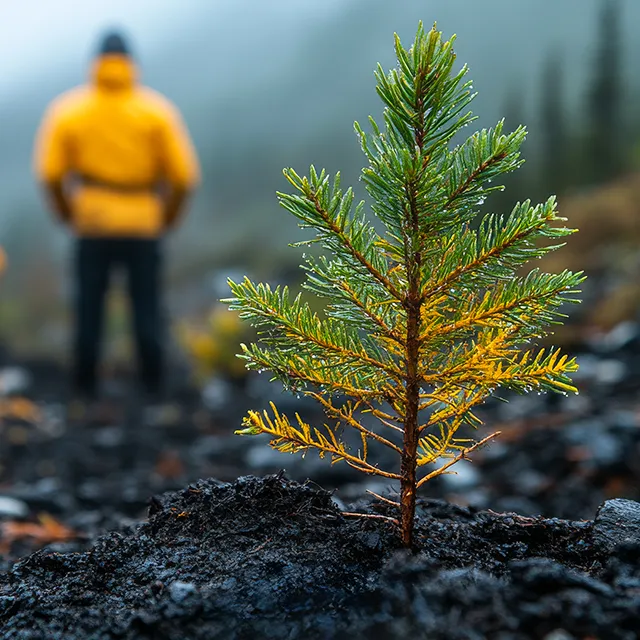 Person in yellow jacket standing behind fresh sapling in burned forest