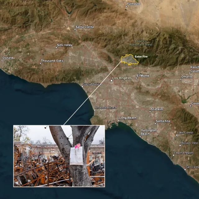 A map showing the Eaton Fire location in Los Angeles, with an inset of a singed tree and a pink heart note amidst debris.