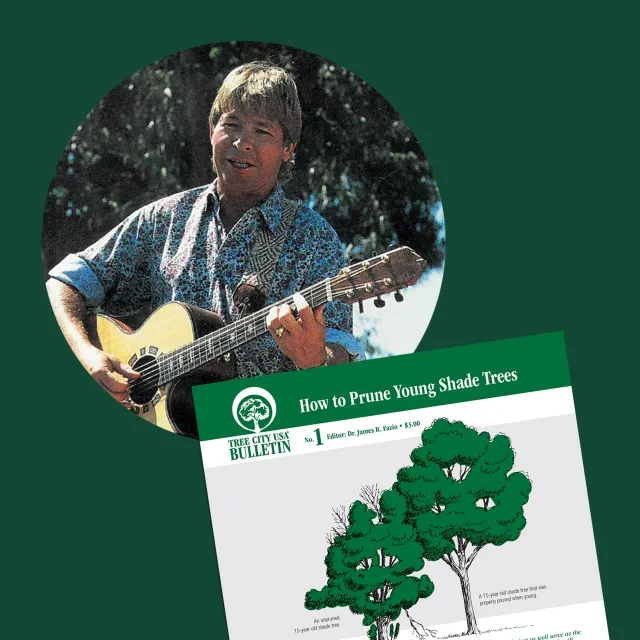 A man playing an acoustic guitar in front of a green background, next to a bulletin titled "How to Prune Young Shade Trees."