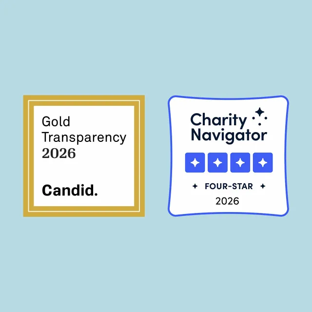 Gold Transparency 2026 badge from Candid and Charity Navigator Four-Star 2026 rating with four blue stars on light blue background.