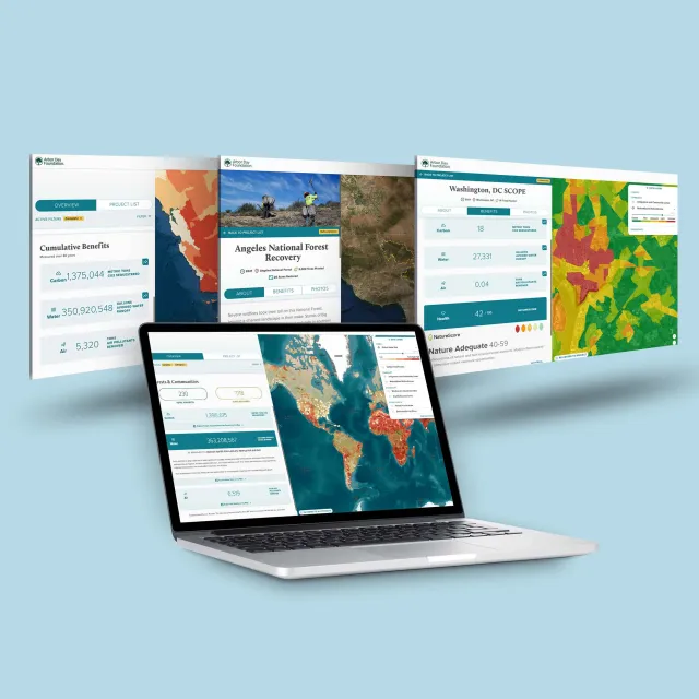 Mockup of a map on a computer with screenshots of maps behind it