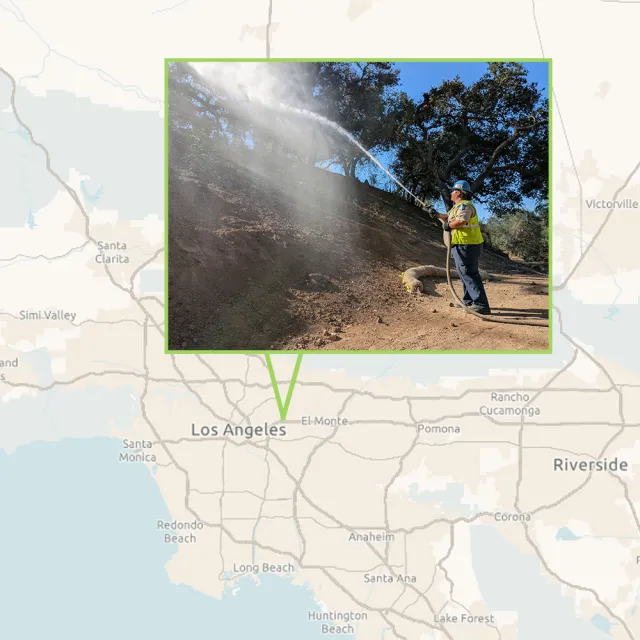 a picture of a person watering trees overlayed on a map of LA