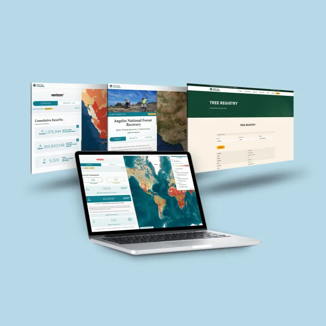 Laptop displaying a global map with data, alongside three floating screens showing Verizon project benefits, Angeles Forest recovery, and a tree registry page.