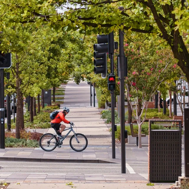 A person riding a bike in a city