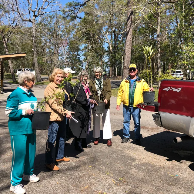 People standing together distributing trees