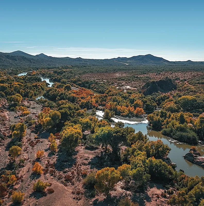 Aerial view of a winding river framed by vibrant autumn foliage and rugged mountains under a clear blue sky.