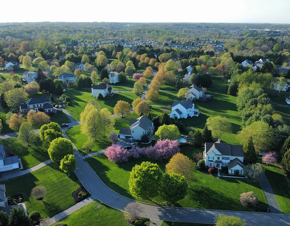 Aerial view of suburban homes surrounded by blooming trees and greenery, showcasing a vibrant spring landscape.