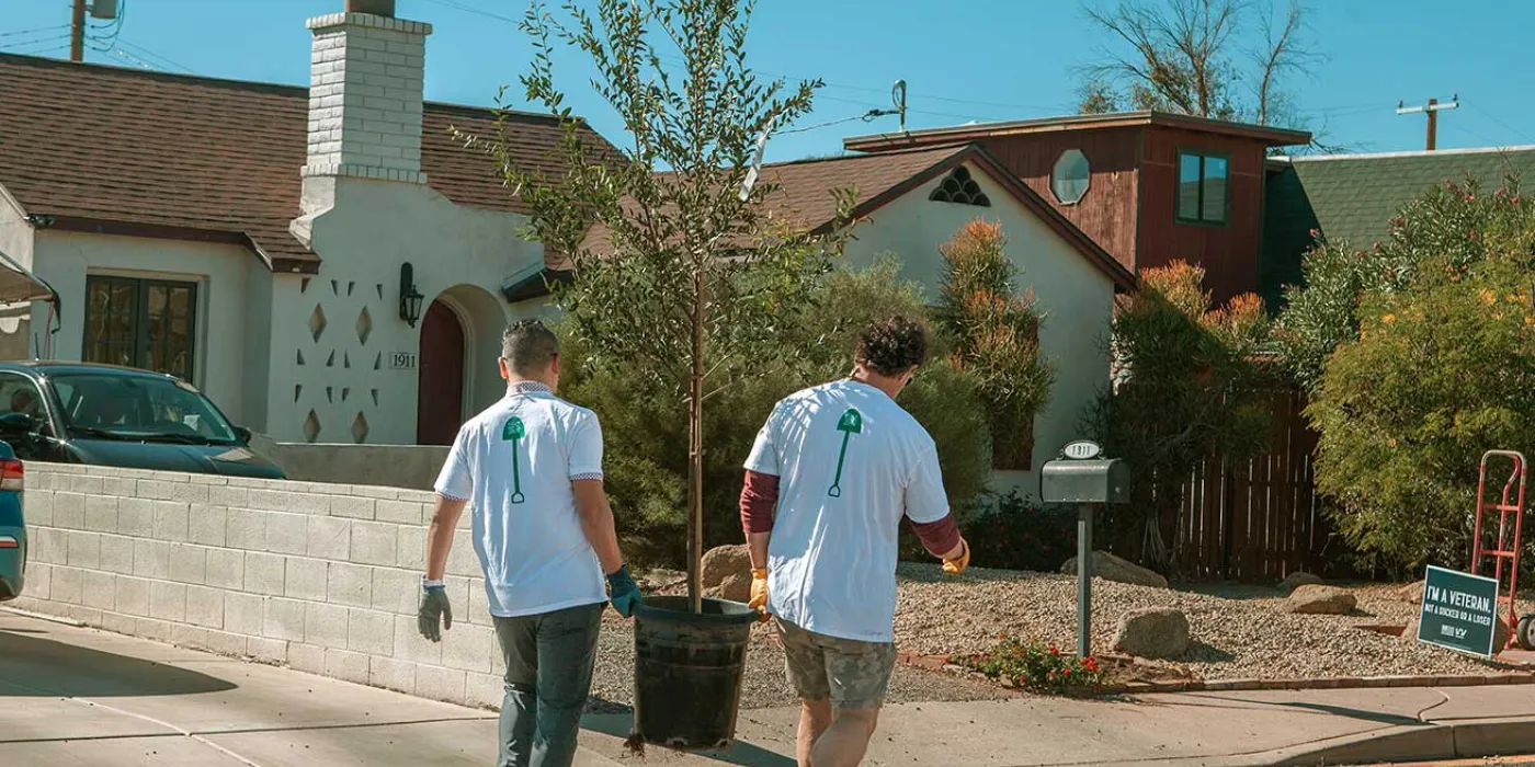 Two volunteers in matching shirts carry a potted tree down a residential street, ready to plant it in a sunny neighborhood.
