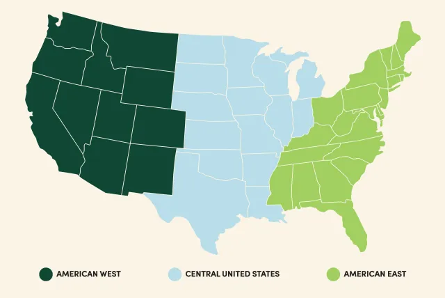 Illustrated map of the United States highlighting regions of the American West, Central United States, and the American East.