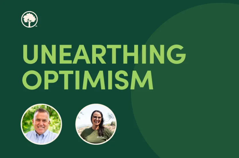 Graphic with “Unearthing Optimism” text, tree logo, and circular portraits of a man and woman on a dark green background.