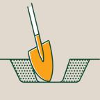 Illustration of an orange shovel digging into the ground, forming a V-shaped hole with dotted texture.