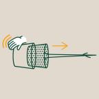Illustration of a hand shaking a container with a mesh bottom, with an arrow indicating movement towards a tree emerging from it.