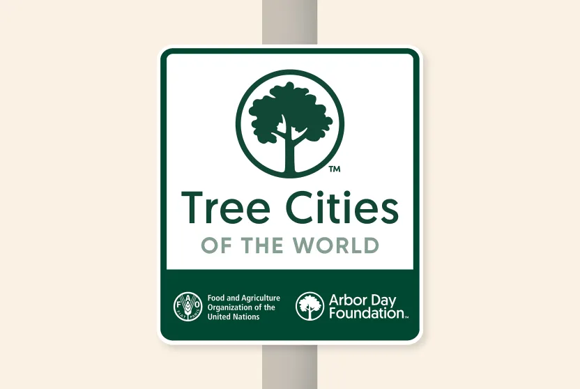 Tree Cities of the World road sign.