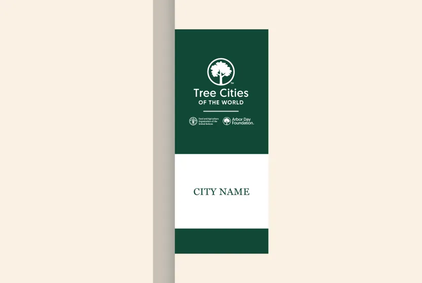Tree Cities of the World street pole banner.